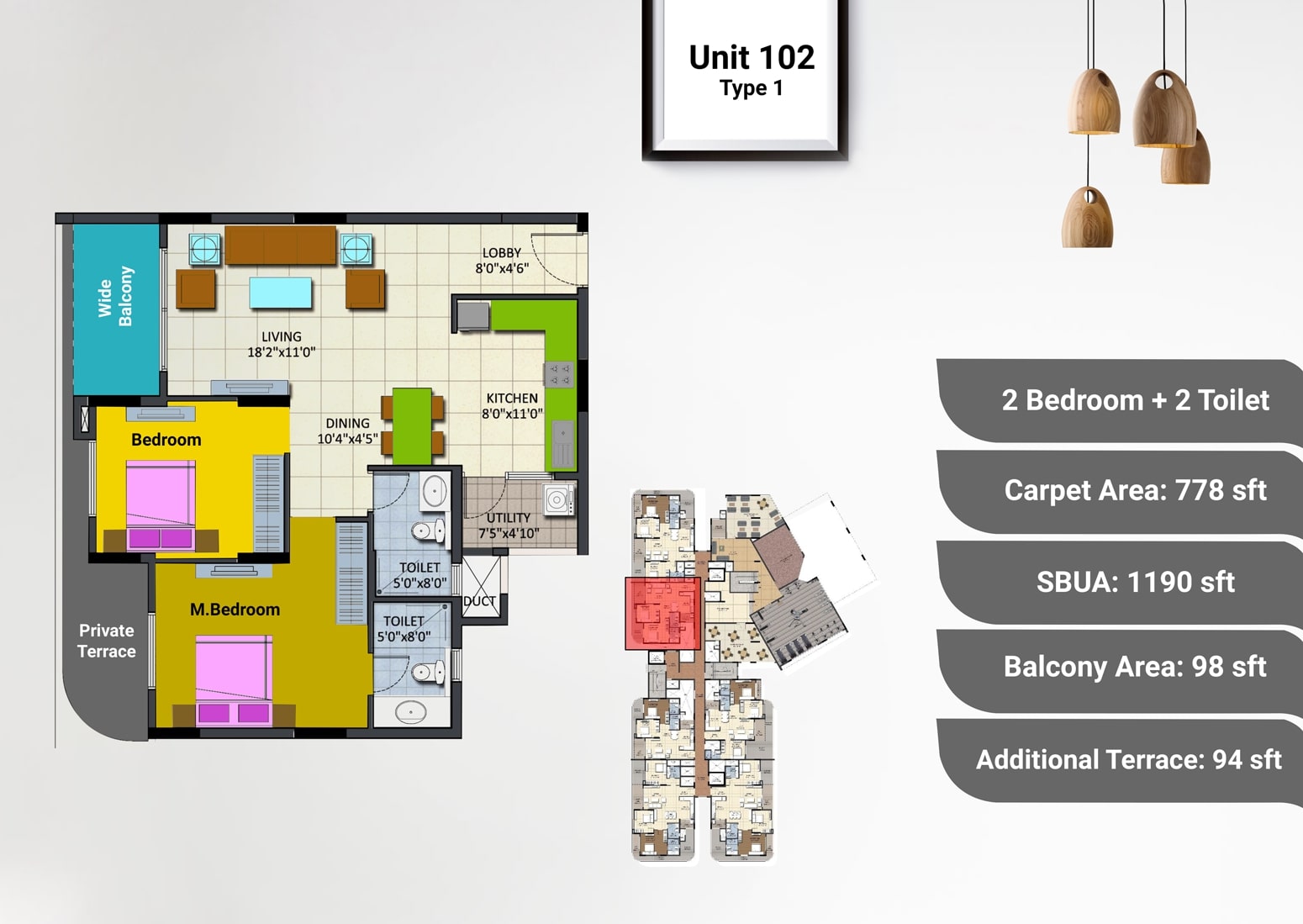 Floor plan of 2 BHK 1190 Sq. Ft. Apartment in Sipani Pennantia, Bangalore