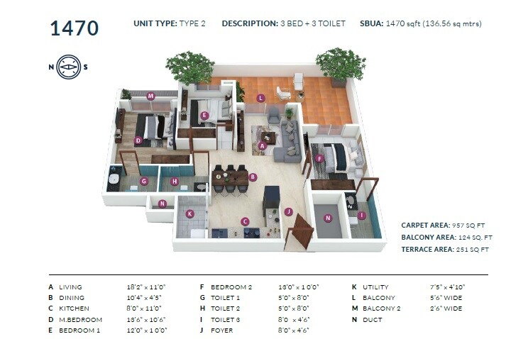 Floor plan of 3 BHK 1470 Sq. Ft. Apartment in Sipani Pennantia, Bangalore