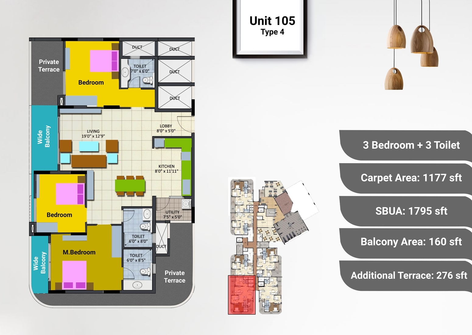 Floor plan of 3 BHK 1795 Sq. Ft. Apartment in Sipani Pennantia, Bangalore