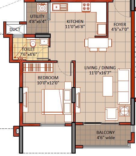 Floor plan of 1 BHK 765 Sq. Ft. Apartment in Sipani Veiveza, Bangalore
