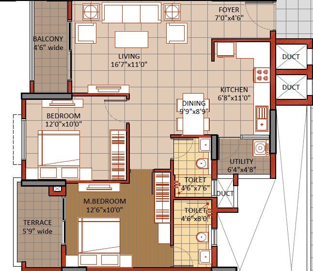 Floor plan of 2 BHK 1045 Sq. Ft. Apartment in Sipani Veiveza, Bangalore