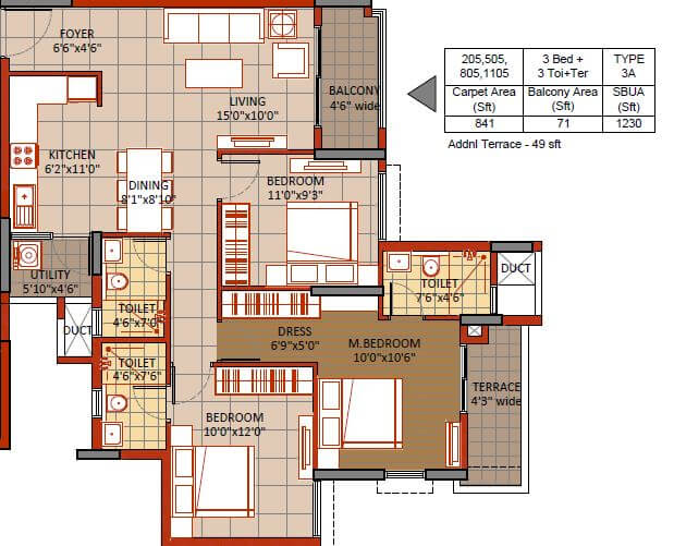 Floor plan of 2 BHK 1230 Sq. Ft. Apartment in Sipani Veiveza, Bangalore