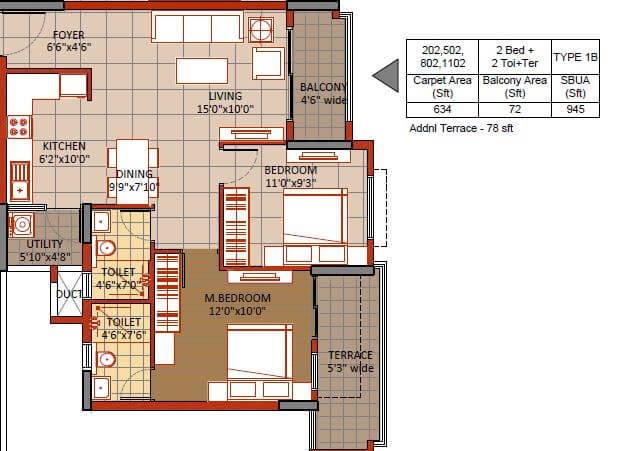 Floor plan of 2 BHK 945 Sq. Ft. Apartment in Sipani Veiveza, Bangalore
