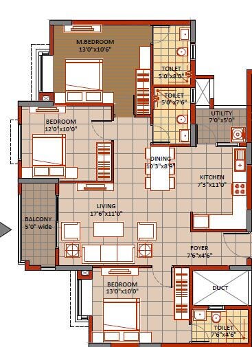 Floor plan of 3 BHK 1365 Sq. Ft. Apartment in Sipani Veiveza, Bangalore