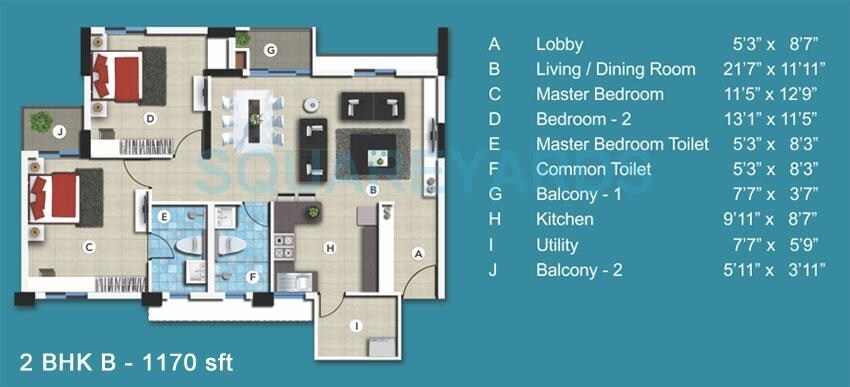Floor plan of 2 BHK 1170 Sq. Ft. Apartment in SJR Blue Waters, Bangalore