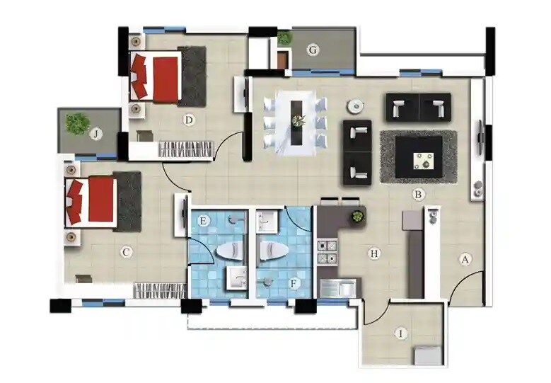 Floor plan of 2 BHK 1360 Sq. Ft. Apartment in SJR Blue Waters, Bangalore