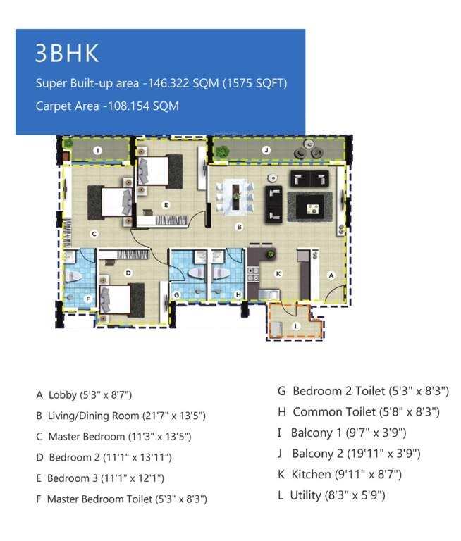 Floor plan of 3 BHK 1575 Sq. Ft. Apartment in SJR Blue Waters, Bangalore