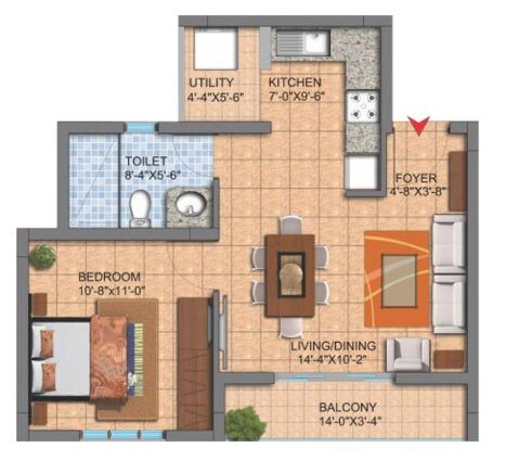 Floor plan of 1 BHK 623 Sq. Ft. Apartment in SJR Hamilton Homes, Bangalore