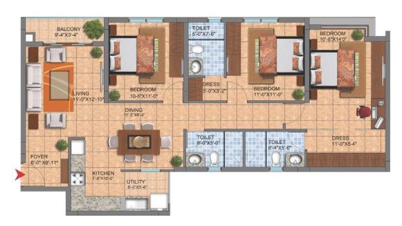 Floor plan of 3 BHK 1400 Sq. Ft. Apartment in SJR Hamilton Homes, Bangalore