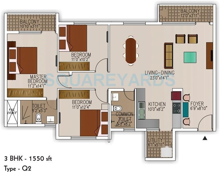 Floor plan of 3 BHK 1550 Sq. Ft. Apartment in SJR Palazza City, Bangalore