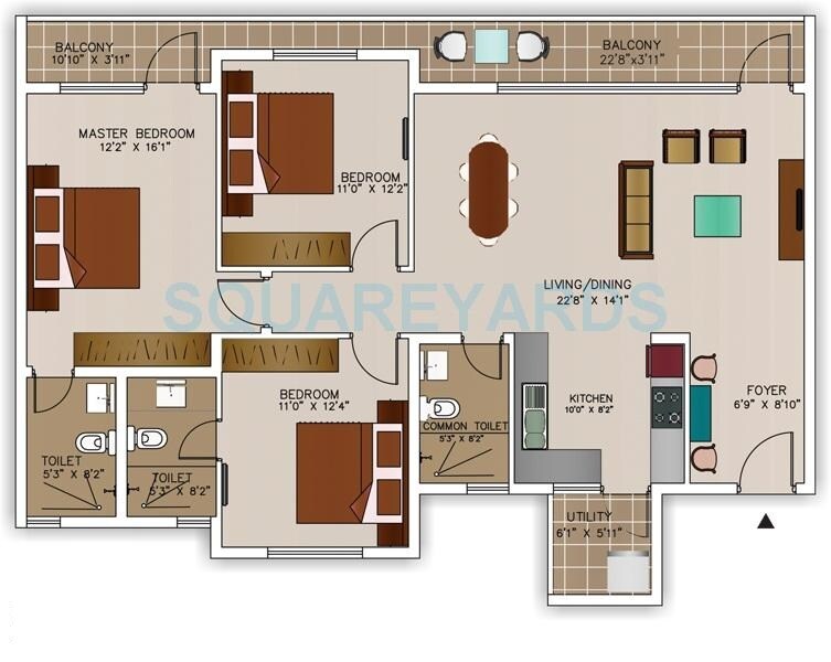 Floor plan of 3 BHK 1813 Sq. Ft. Apartment in SJR Palazza City, Bangalore