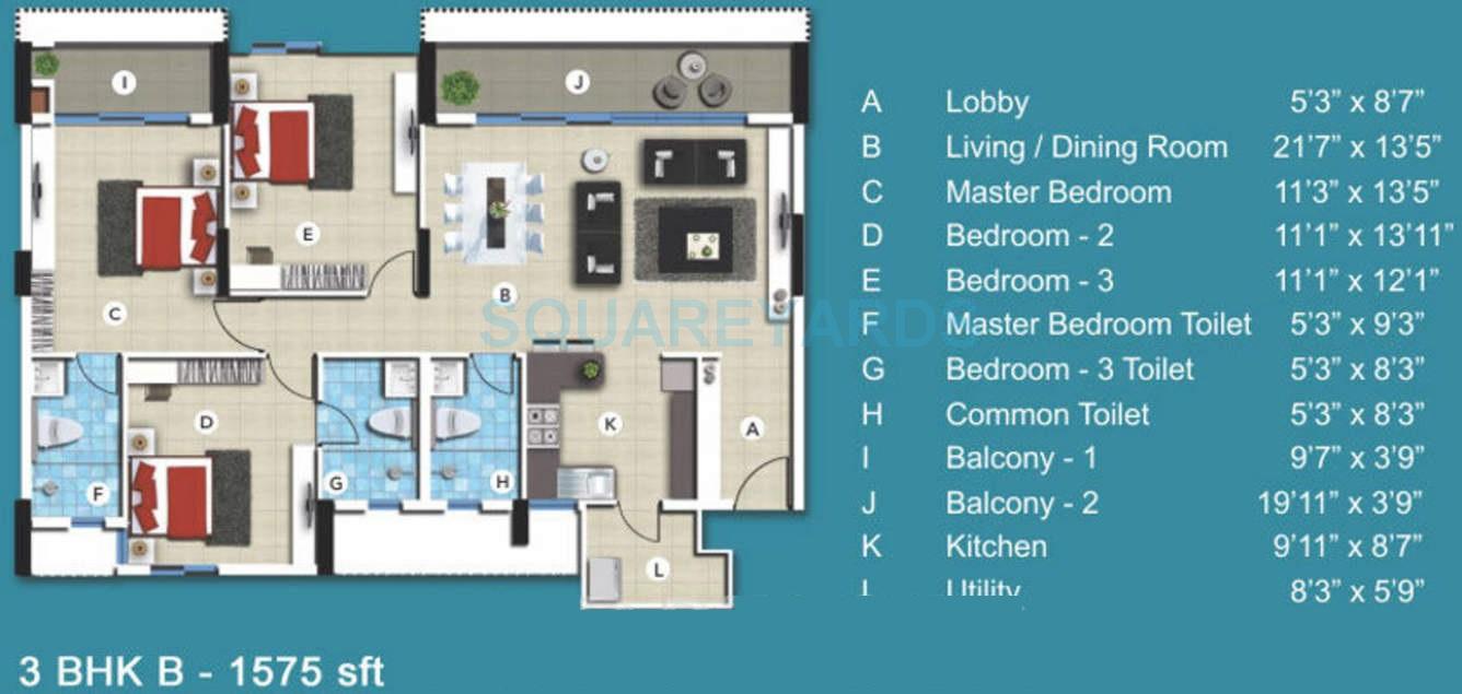 3 BHK 1575 Sq. Ft. Apartment