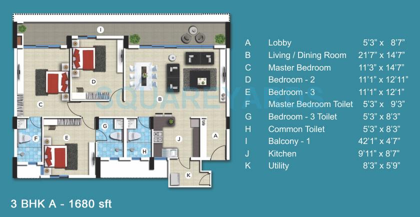 3 BHK 1680 Sq. Ft. Apartment