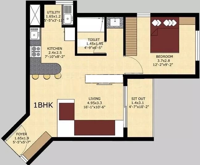 Floor plan of 1 BHK 722 Sq. Ft. Apartment in SJR Primecorp Fiesta Homes, Bangalore