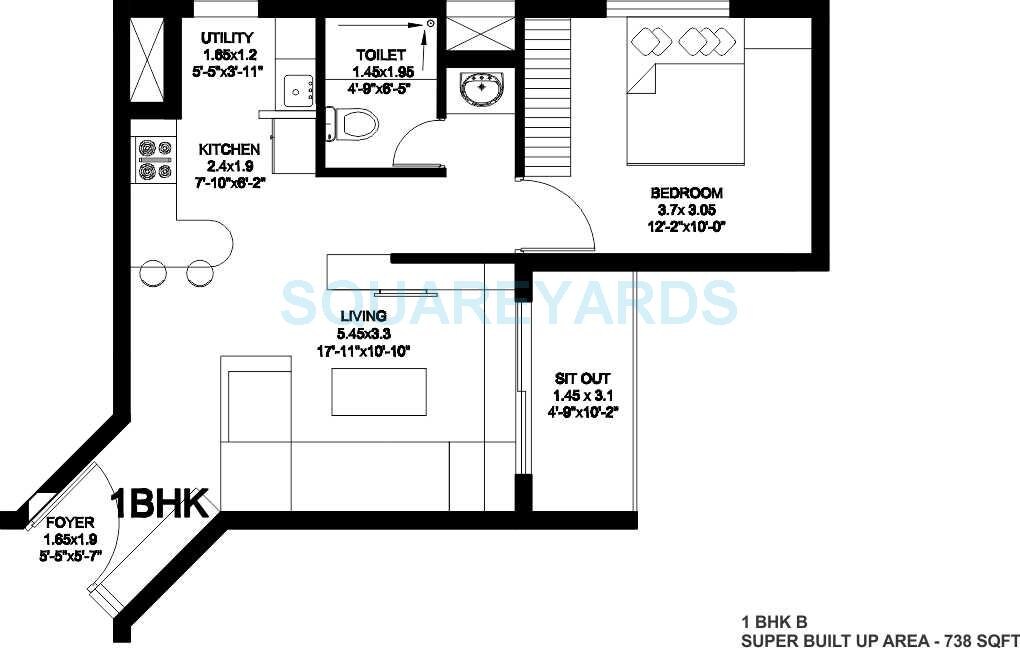 Floor plan of 1 BHK 738 Sq. Ft. Apartment in SJR Primecorp Fiesta Homes, Bangalore