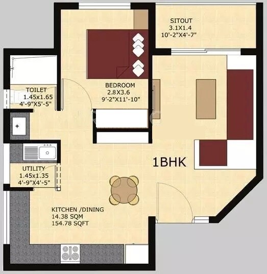 Floor plan of 1 BHK 743 Sq. Ft. Apartment in SJR Primecorp Fiesta Homes, Bangalore