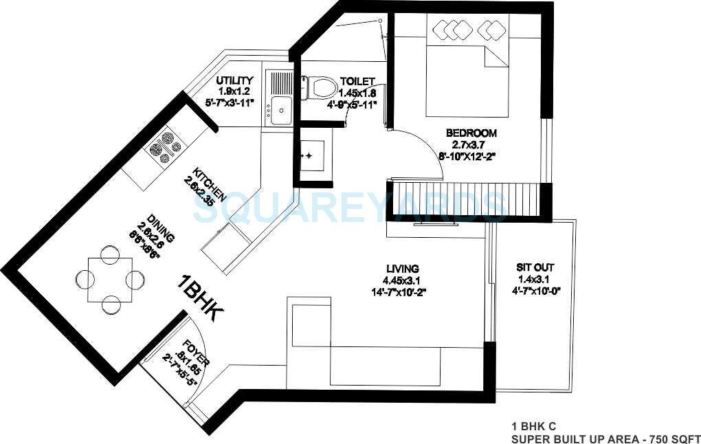 Floor plan of 1 BHK 752 Sq. Ft. Apartment in SJR Primecorp Fiesta Homes, Bangalore