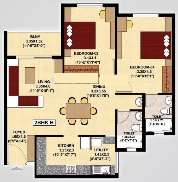 Floor plan of 2 BHK 1175 Sq. Ft. Apartment in SJR Primecorp Fiesta Homes, Bangalore