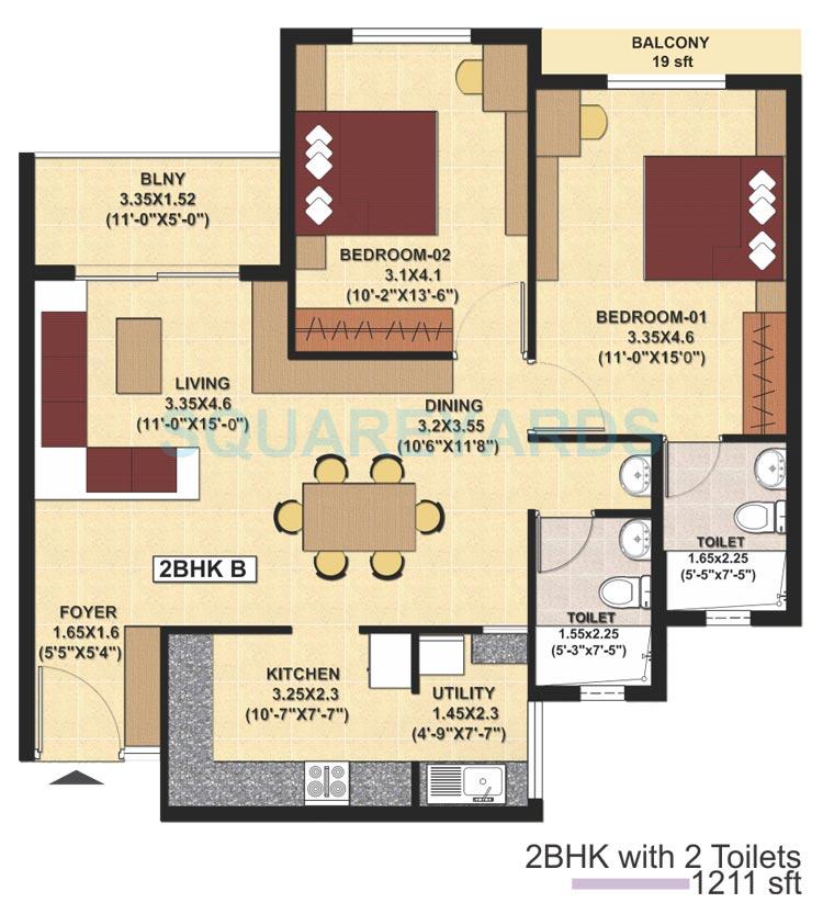 Floor plan of 2 BHK 1211 Sq. Ft. Apartment in SJR Primecorp Fiesta Homes, Bangalore