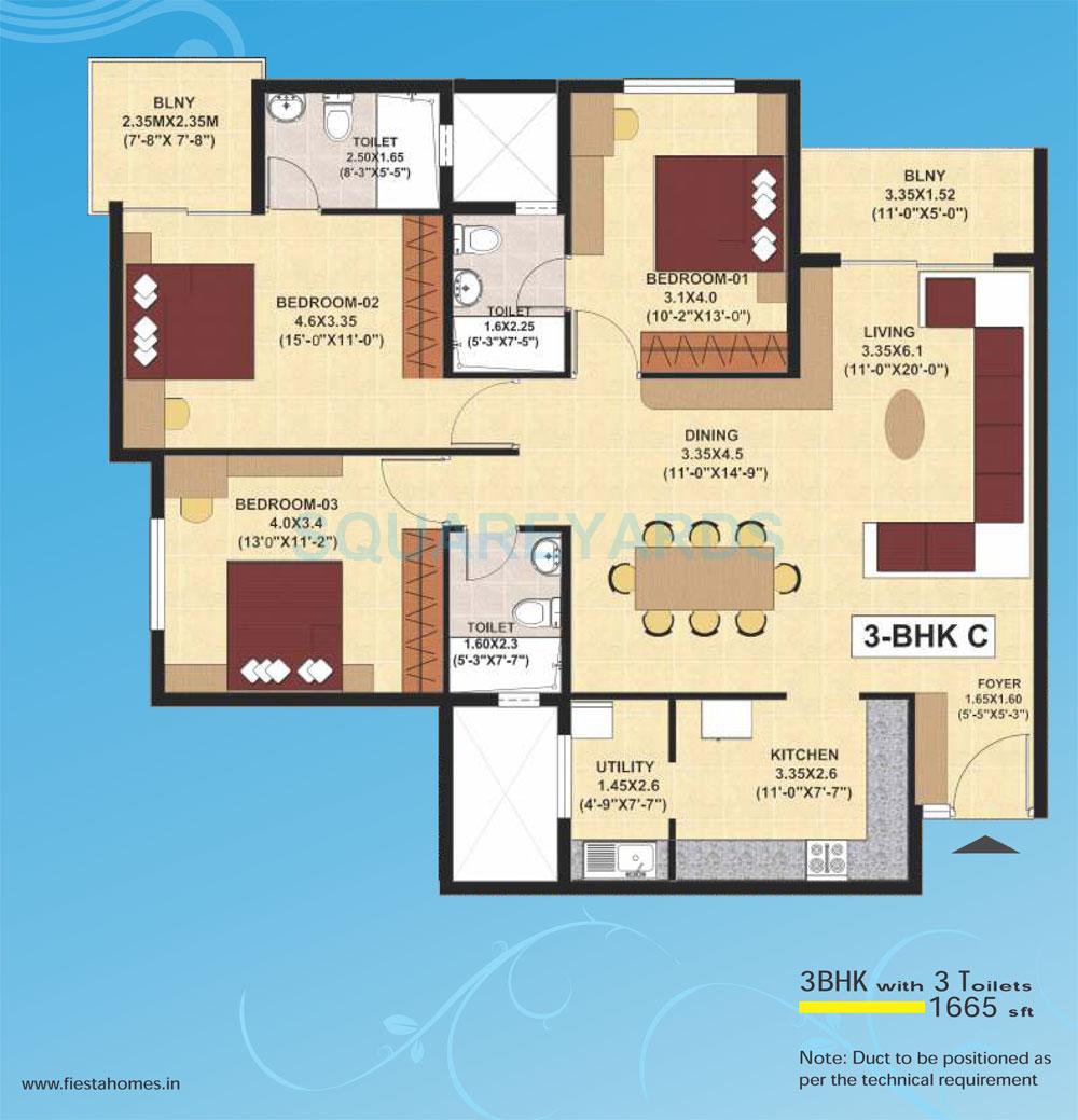 Floor plan of 3 BHK 1665 Sq. Ft. Apartment in SJR Primecorp Fiesta Homes, Bangalore