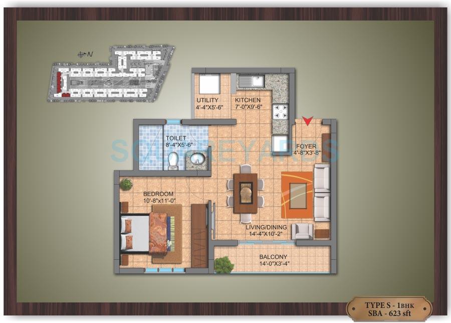Floor plan of 1 BHK 623 Sq. Ft. Apartment in SJR Primecorp Hamilton Homes, Bangalore