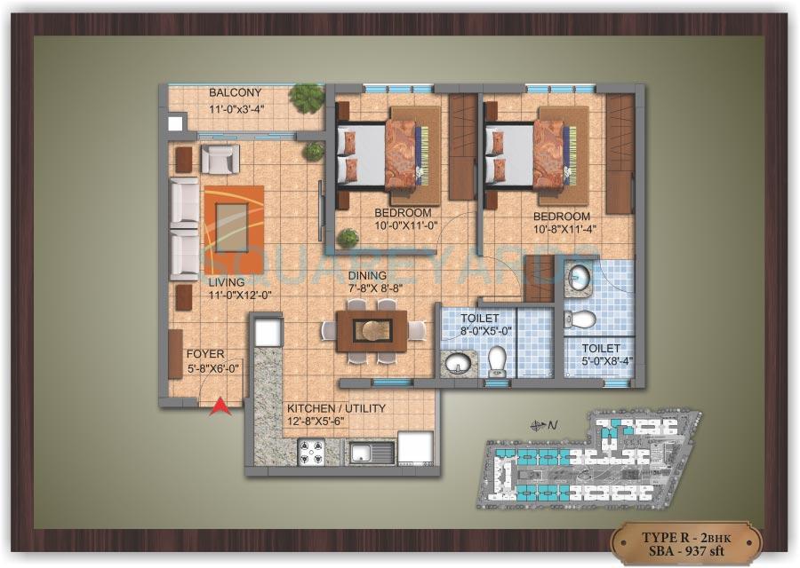 Floor plan of 2 BHK 937 Sq. Ft. Apartment in SJR Primecorp Hamilton Homes, Bangalore