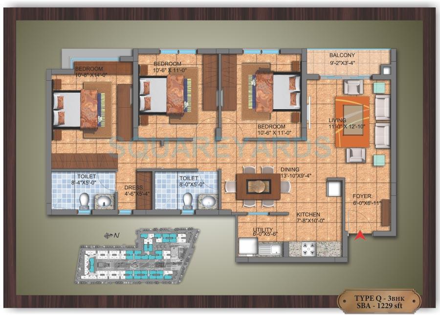 Floor plan of 3 BHK 1229 Sq. Ft. Apartment in SJR Primecorp Hamilton Homes, Bangalore