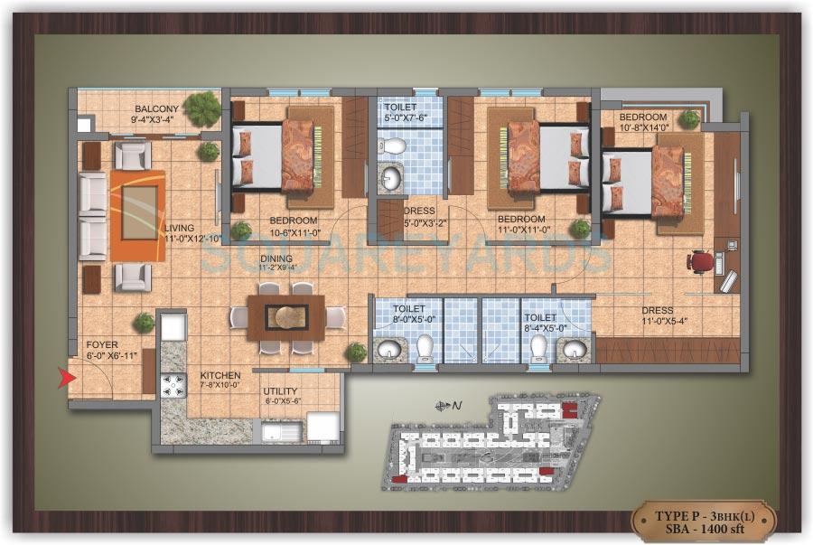 Floor plan of 3 BHK 1400 Sq. Ft. Apartment in SJR Primecorp Hamilton Homes, Bangalore