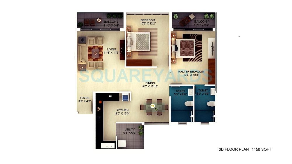 Floor plan of 2 BHK 1158 Sq. Ft. Apartment in SJR Primecorp Mayfair Residences, Bangalore
