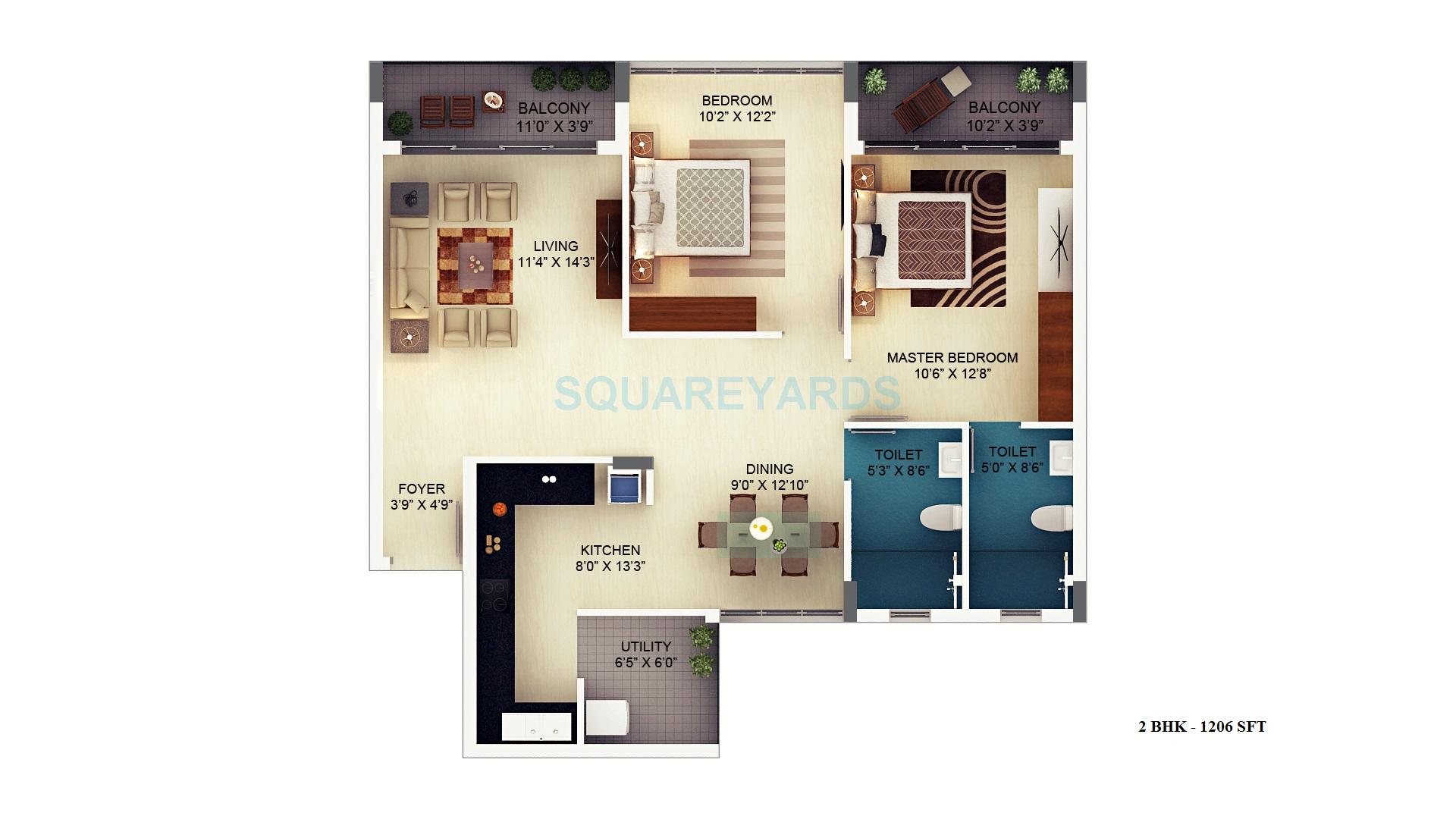 Floor plan of 2 BHK 1206 Sq. Ft. Apartment in SJR Primecorp Mayfair Residences, Bangalore
