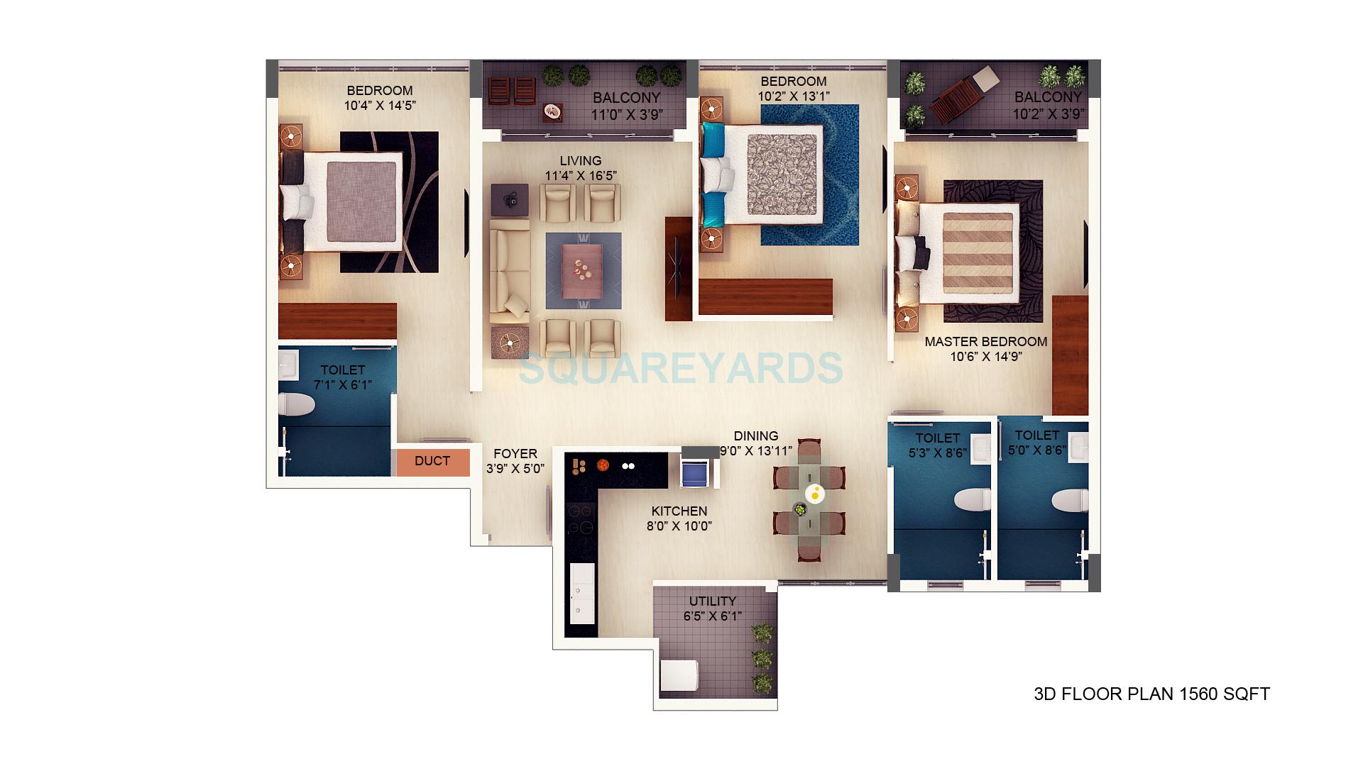 Floor plan of 3 BHK 1560 Sq. Ft. Apartment in SJR Primecorp Mayfair Residences, Bangalore