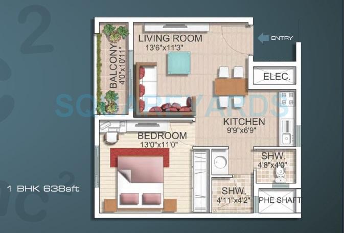 Floor plan of 1 BHK 638 Sq. Ft. Apartment in SJR Primecorp Parkway Homes, Bangalore