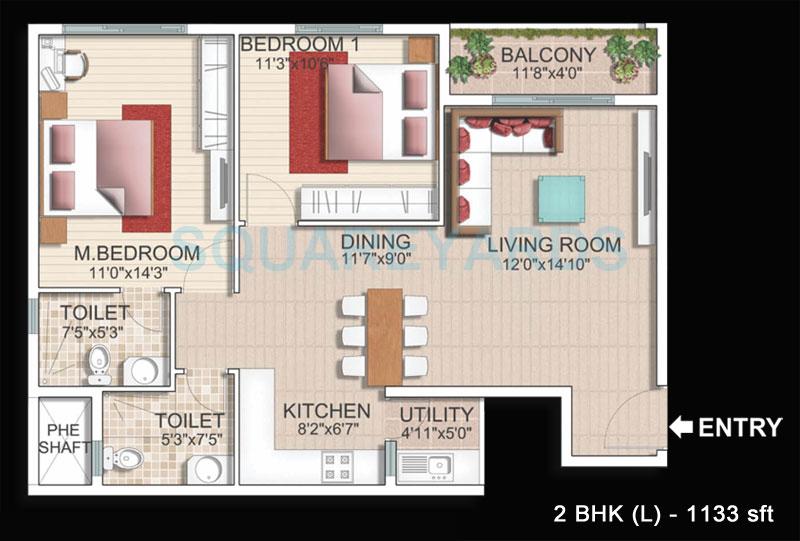 Floor plan of 2 BHK 1133 Sq. Ft. Apartment in SJR Primecorp Parkway Homes, Bangalore