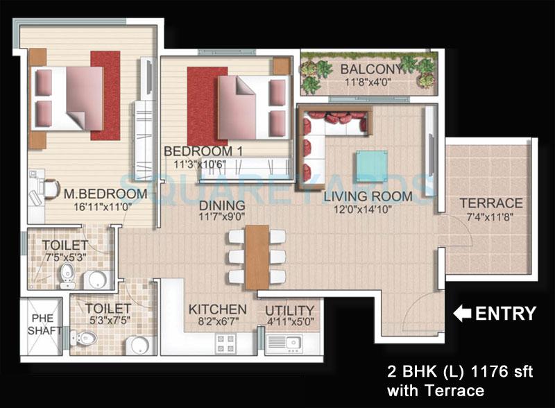 Floor plan of 2 BHK 1176 Sq. Ft. Apartment in SJR Primecorp Parkway Homes, Bangalore