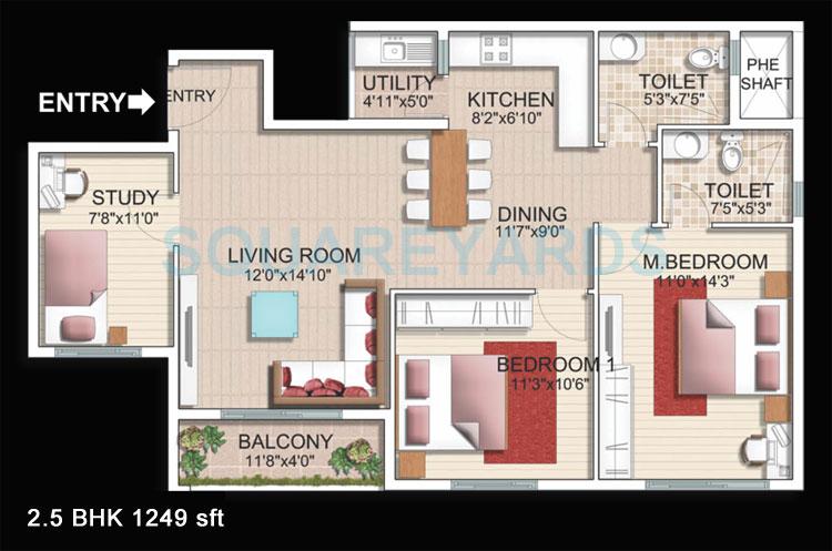 Floor plan of 2 BHK 1249 Sq. Ft. Apartment in SJR Primecorp Parkway Homes, Bangalore
