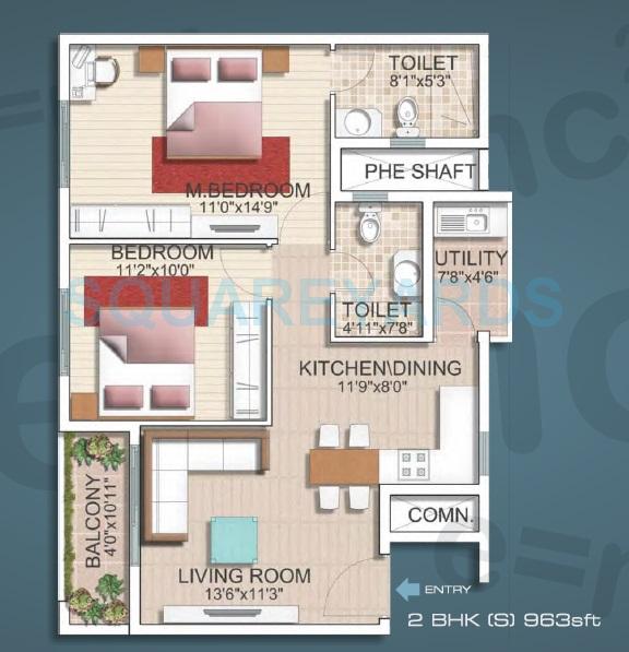 Floor plan of 2 BHK 963 Sq. Ft. Apartment in SJR Primecorp Parkway Homes, Bangalore