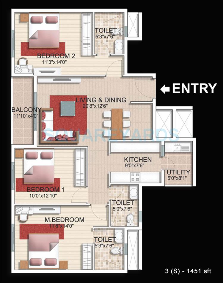Floor plan of 3 BHK 1451 Sq. Ft. Apartment in SJR Primecorp Parkway Homes, Bangalore