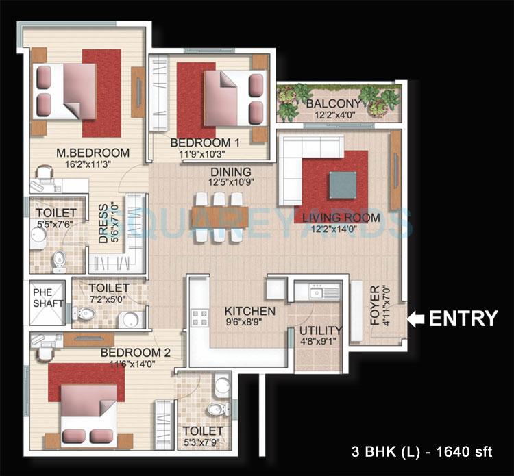 Floor plan of 3 BHK 1640 Sq. Ft. Apartment in SJR Primecorp Parkway Homes, Bangalore
