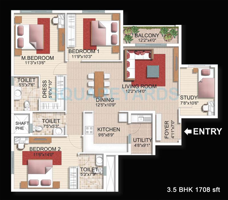 Floor plan of 3 BHK 1708 Sq. Ft. Apartment in SJR Primecorp Parkway Homes, Bangalore