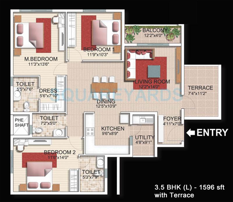 Floor plan of 3 BHK 1596 Sq. Ft. Apartment in SJR Primecorp Parkway Homes, Bangalore