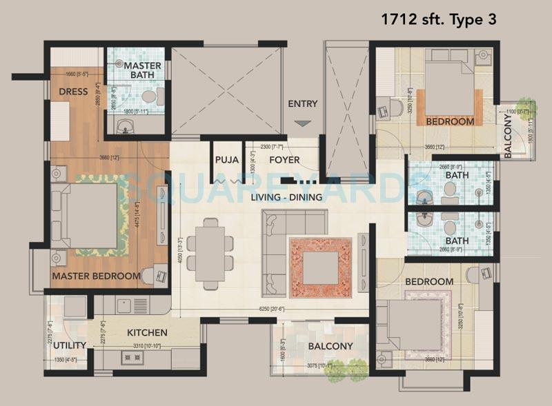Floor plan of 3 BHK 1712 Sq. Ft. Apartment in SJR Primecorp The Pavilion, Bangalore