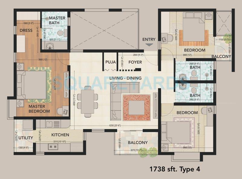Floor plan of 3 BHK 1738 Sq. Ft. Apartment in SJR Primecorp The Pavilion, Bangalore
