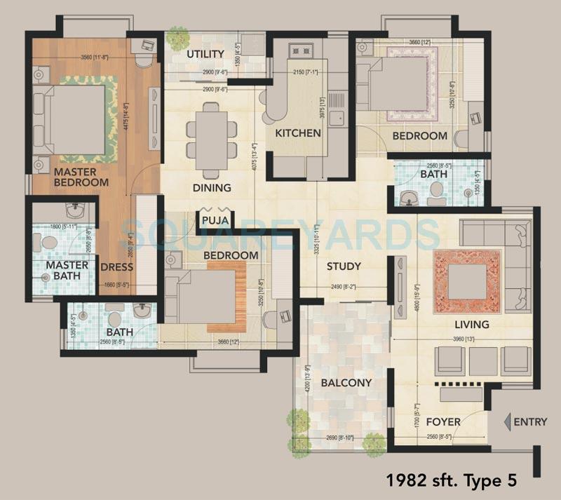 Floor plan of 3 BHK 1982 Sq. Ft. Apartment in SJR Primecorp The Pavilion, Bangalore