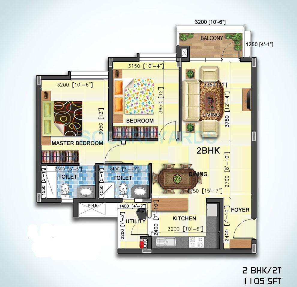 2 BHK 1105 Sq. Ft. Apartment in SJR Primecorp Water Mark