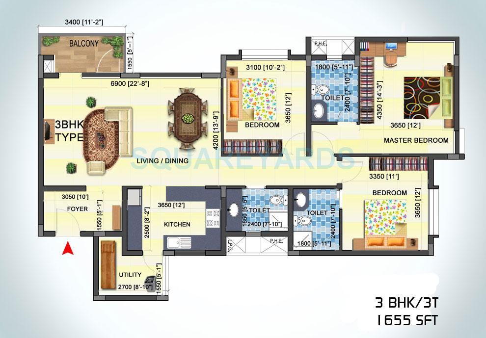 3 BHK 1665 Sq. Ft. Apartment