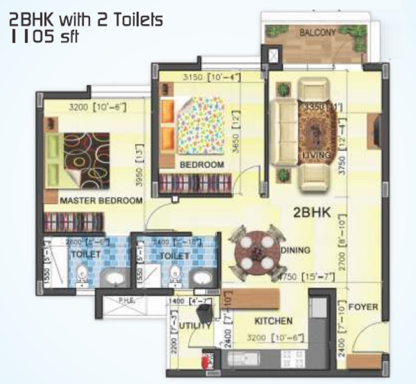 2 BHK 1105 Sq. Ft. Apartment in SJR WaterMark