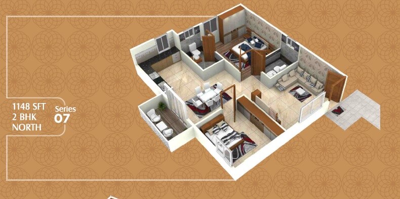 Floor plan of 2 BHK 1148 Sq. Ft. Apartment in SK Cosmos, Bangalore