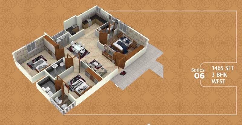 Floor plan of 3 BHK 1465 Sq. Ft. Apartment in SK Cosmos, Bangalore