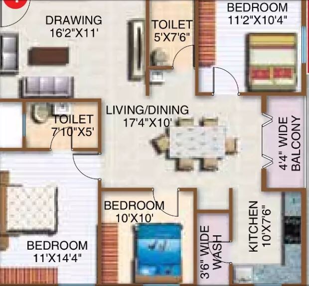 Floor plan of 3 BHK 1360 Sq. Ft. Apartment in SK Daisy, Bangalore
