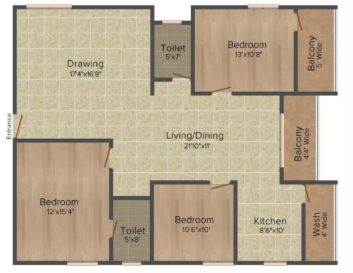 Floor plan of 3 BHK 1690 Sq. Ft. Apartment in SK Daisy, Bangalore